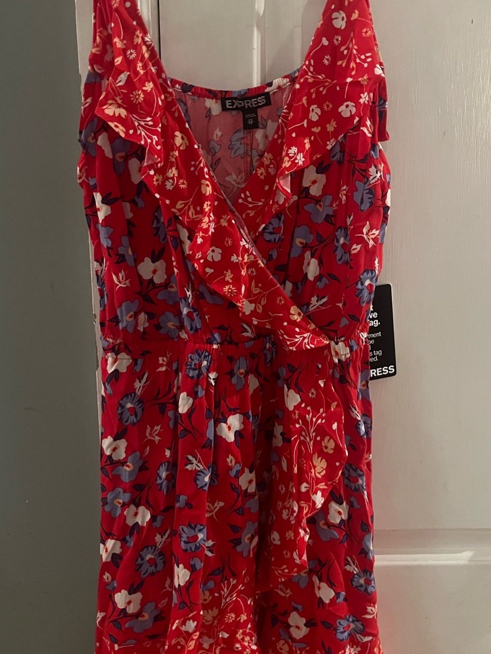 Express Red Floral Midi Shirt with Blue & White Accents NWT Size Extra Small